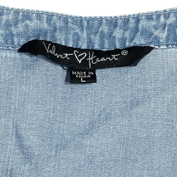 Velvet Heart Embroidered Blouse Floral Chambray Tie Sleeve Peasant Boho - Picture 3 of 9